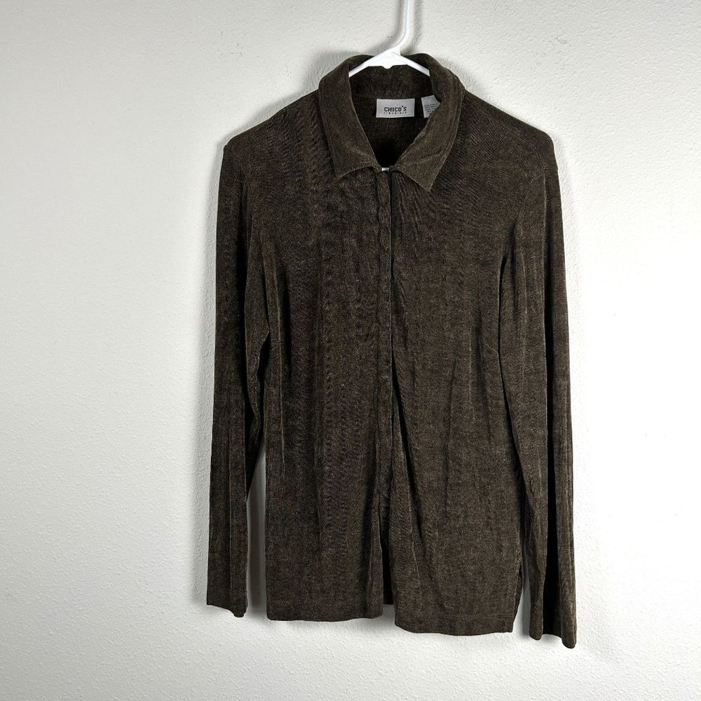 Chicos Travelers Top Size 1 M Brown Long Sleeve Snap Front Slinky Acetate USA
